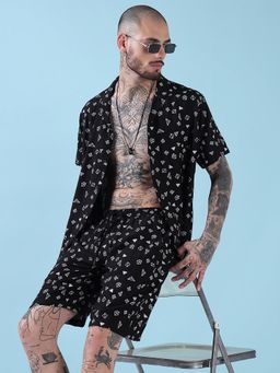 SHOWOFF - Edition Black and White Printed Cuban Collar Relaxed Fit Co Ords Set (Set of 2)