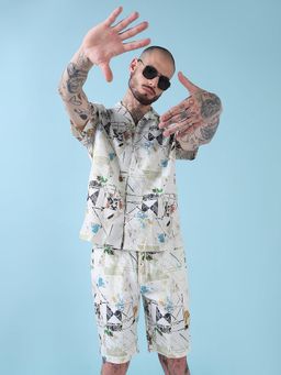 SHOWOFF - Edition Cream Printed Cuban Collar Relaxed Fit Co Ords Set (Set of 2)