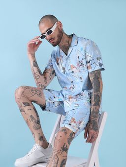 SHOWOFF - Edition Blue Printed Cuban Collar Relaxed Fit Co Ords Set (Set of 2)
