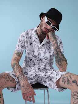SHOWOFF - Edition White Printed Cuban Collar Relaxed Fit Co Ords Set (Set of 2)