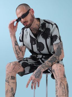 SHOWOFF - Edition Grey Abstract Print Cuban Collar Relaxed Fit Co Ords Set (Set of 2)