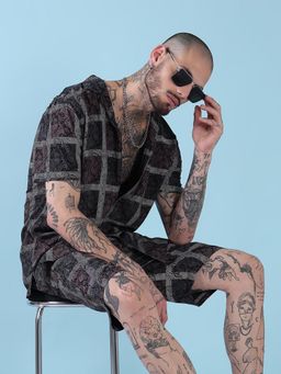 SHOWOFF - Edition Black and Grey Printed Cuban Collar Relaxed Fit Co Ords Set (Set of 2)