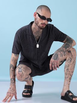 SHOWOFF - Edition Charcoal Grey Abstract Print Cuban Collar Relaxed Fit Co Ords Set (Set of 2)