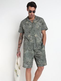 SHOWOFF - Green Printed Cuban Collar Relaxed Fit Co Ords Set (Set of 2)
