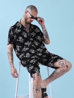 SHOWOFF - Black Printed Cuban Collar Relaxed Fit Co Ords Set (Set of 2)