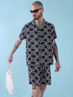 SHOWOFF - Edition Navy Blue Floral Cuban Collar Relaxed Fit Co Ords Set (Set of 2)