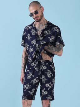 SHOWOFF - Edition Navy Blue Floral Cuban Collar Relaxed Fit Co Ords Set (Set of 2)