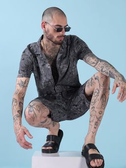 SHOWOFF - Edition Grey and Black Printed Cuban Collar Relaxed Fit Co Ords Set (Set of 2)