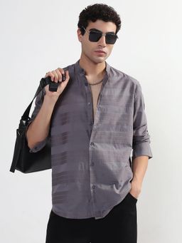 SHOWOFF - Men Grey Cotton Blend Mandarin Neck Casual Shirt