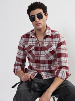 SHOWOFFFF - Men Red Cotton Collar Neck Casual Shirt