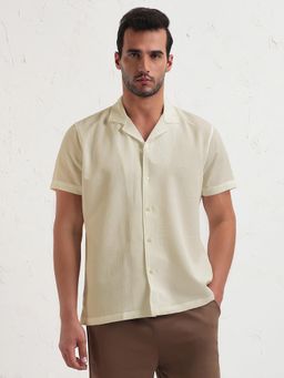 SHOWOFF - Men Beige Cotton Collar Neck Casual Shirt