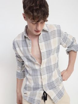 SHOWOFFFF - Men Cream Cotton Collar Neck Casual Shirt