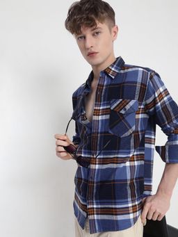 SHOWOFF - Men Blue Cotton Collar Neck Casual Shirt