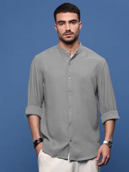 SHOWOFF - Men Grey Cotton Mandarin Neck Casual Shirt