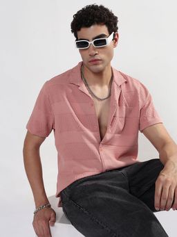 SHOWOFFFF - Men Peach Crepe Collar Neck Casual Shirt