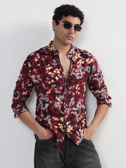 SHOWOFF - Men Red Cotton Mandarin Neck Casual Shirt