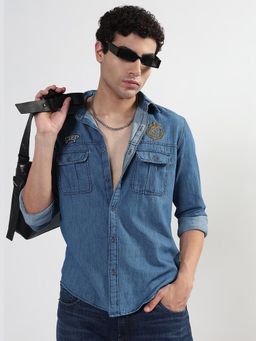 SHOWOFF - Men Blue Denim Collar Neck Casual Shirt