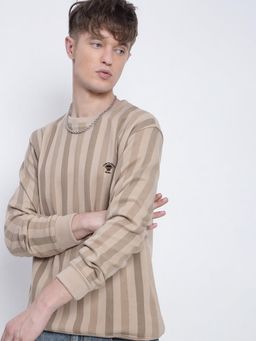 SHOWOFF - Men's Striped Beige Round Neck Sweatshirt