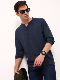 SHOWOFF - Mens Navy Blue Henley Collar Slim Fit T-Shirt