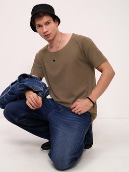 SHOWOFFFF - Mens Khaki Round Neck Slim Fit T-Shirt
