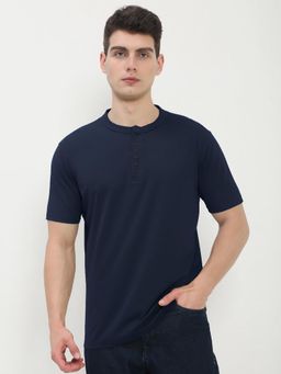 SHOWOFFFF - Mens Navy Blue Henley Collar Slim Fit T-Shirt