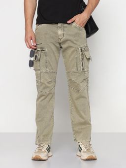 SHOWOFF - Men Khaki Straight Fit Cargo Jeans with Zipper Detailing
