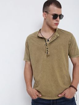 SHOWOFF - Men Khaki Henley Neck Slim Fit T-Shirt