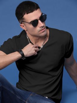 SHOWOFF - Men Black V-Neck Slim Fit T-Shirt
