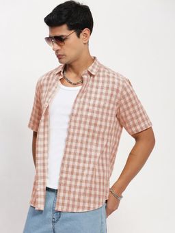 SHOWOFFFF - Men Peach Checks Shirt