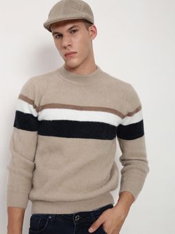 SHOWOFF - Men's Beige Colour Block Round Neck Sweater