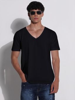 SHOWOFF - Men Black Short Sleeves V-Neck Regular Fit T-shirt
