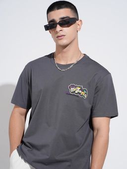 SHOWOFF - Men Graphic Print Grey Short Sleeves Round Neck Relaxed Fit T-shirt