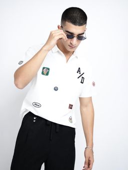 SHOWOFFFF - Men Graphic Print White Short Sleeves Relaxed Fit Polo T-shirt