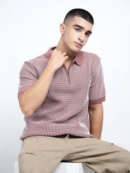 SHOWOFF - Men Striped Mauve Short Sleeves Regular Fit Polo T-shirt