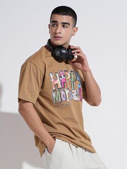 SHOWOFF - Men Typography Brown Short Sleeves Round Neck Relaxed Fit T-shirt