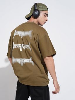 SHOWOFF - Men Typography Olive Short Sleeves Round Neck Relaxed Fit T-shirt