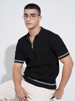 SHOWOFF - Men Textured Black Short Sleeves Regular Fit Polo T-shirt