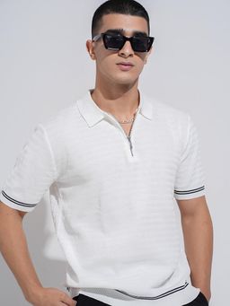 SHOWOFF - Men Textured White Short Sleeves Regular Fit Polo T-shirt