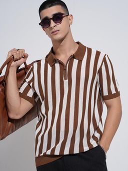 SHOWOFF - Men Striped Brown Short Sleeves Regular Fit Polo T-shirt