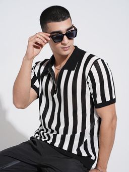 SHOWOFF - Men Striped Black Short Sleeves Regular Fit Polo T-shirt