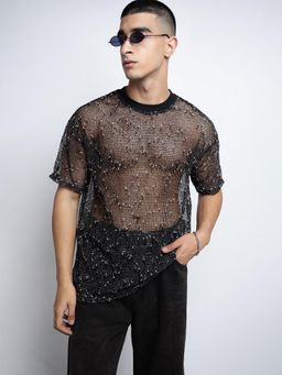 SHOWOFF - Men Black Short Sleeves Round Neck Relaxed Fit Mesh T-shirt