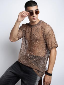 SHOWOFF - Men Brown Short Sleeves Round Neck Relaxed Fit Mesh T-shirt