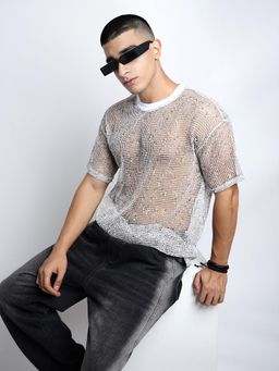 SHOWOFF - Men White Short Sleeves Round Neck Relaxed Fit Mesh T-shirt