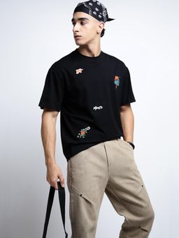 SHOWOFF - Men Embroidered Black Short Sleeves Round Neck Relaxed Fit T-shirt