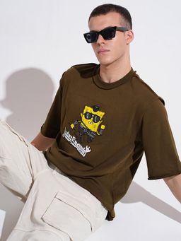 SHOWOFFFF - Men Graphic Print Olive Short Sleeves Round Neck Oversized T-shirt