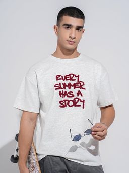 SHOWOFF - Men Typography Grey Short Sleeves Round Neck Relaxed Fit T-shirt