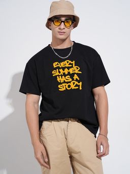 SHOWOFF - Men Typography Black Short Sleeves Round Neck Relaxed Fit T-shirt