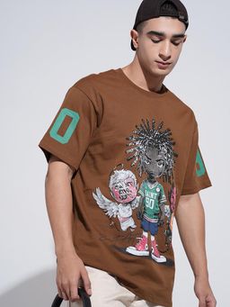 SHOWOFF - Men Graphic Print Brown Short Sleeves Round Neck Relaxed Fit T-shirt