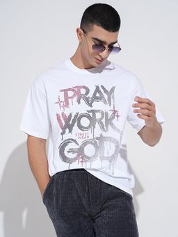 SHOWOFF - Men Typography White Short Sleeves Round Neck Relaxed Fit T-shirt