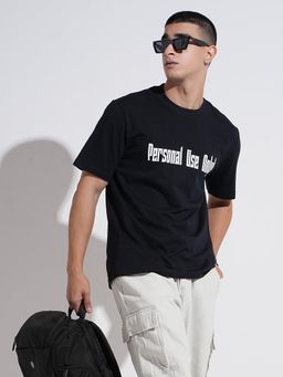 SHOWOFFFF - Men Typography Black Short Sleeves Round Neck Relaxed Fit T-shirt